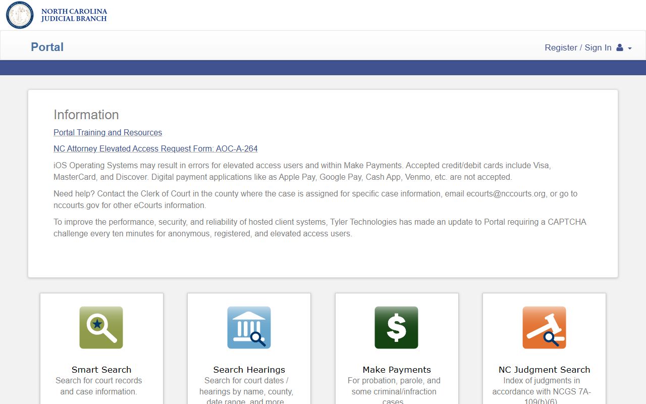 North Carolina eCourts Portal search landing page